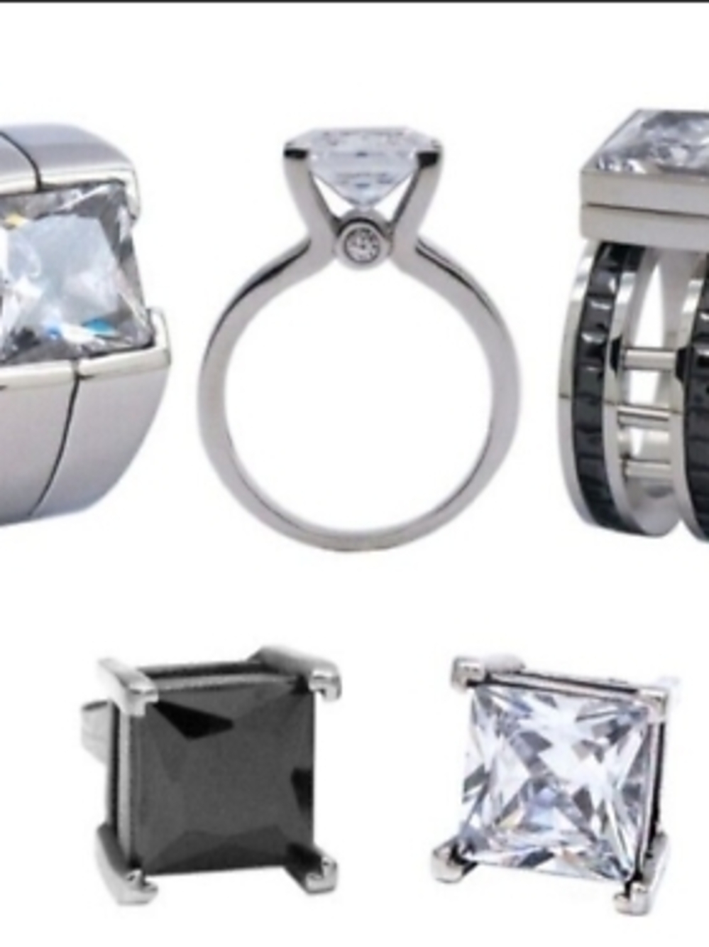 SET JEWELRY MEN WOMEN RING EARRINGS STAINLESS STEEL SILVER SQUARE PRINCESS CUT💎